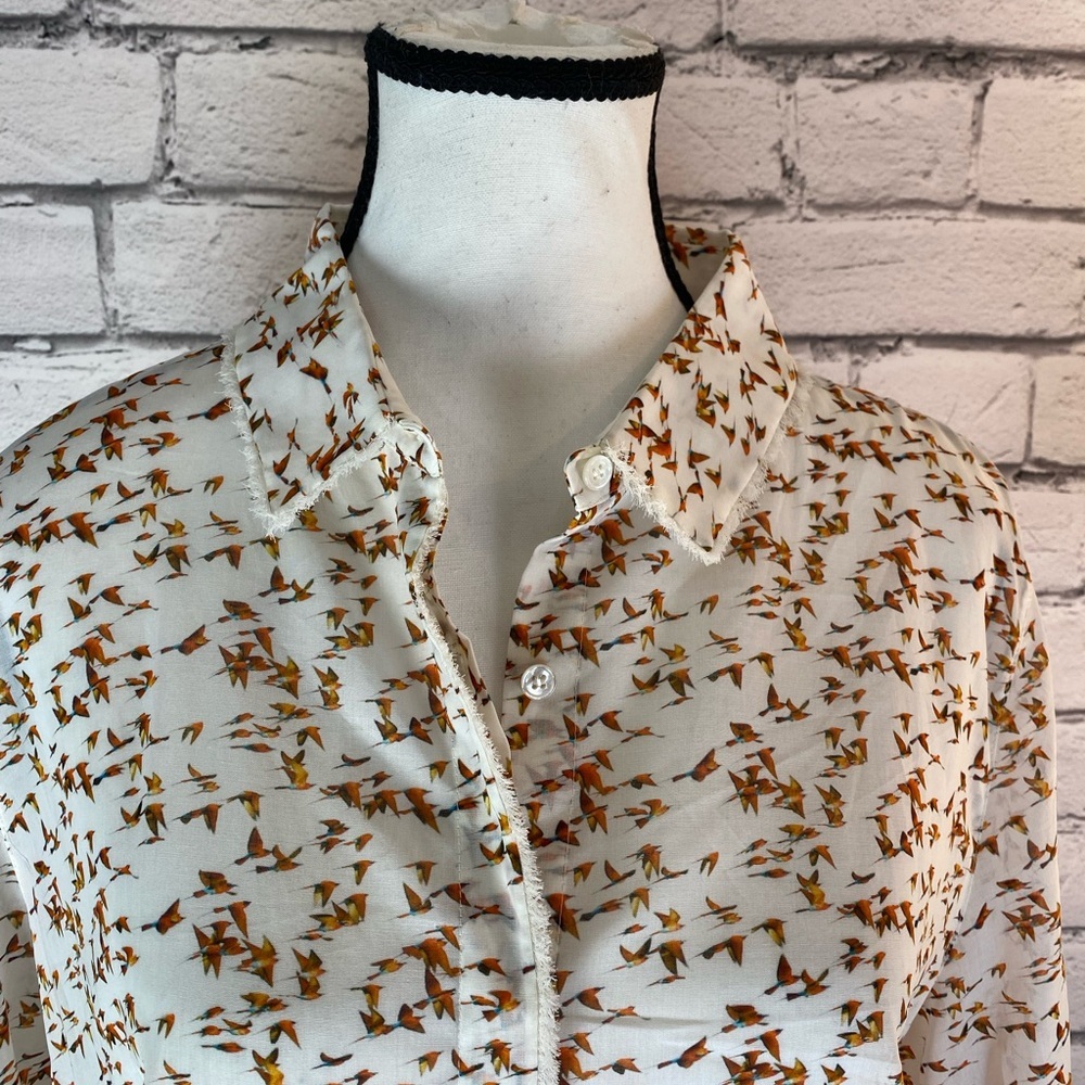 Akris Bohemian Bird Geometric Print Tunic Button Down Shirt Bell Sleeves Size 14 - Picture 3 of 16